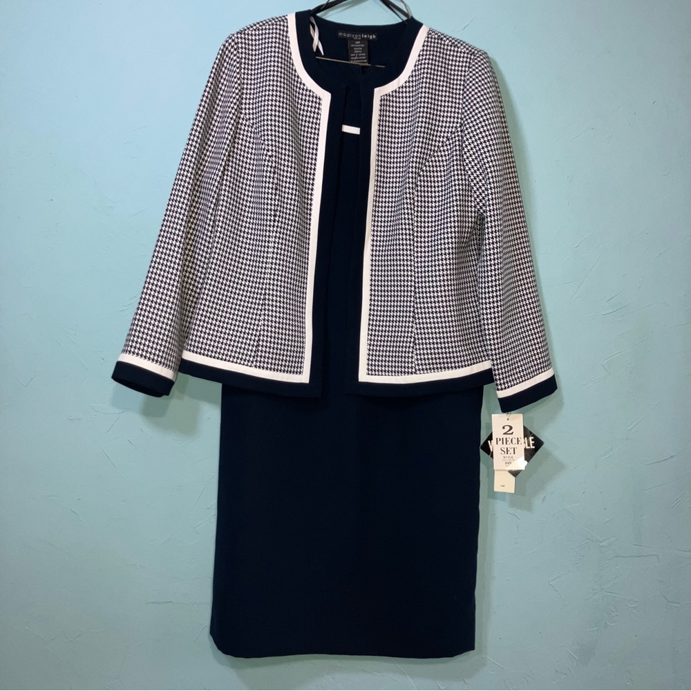 NWT Madison Leigh Petite Navy Dress with Houndstooth Jacket Size 14P
